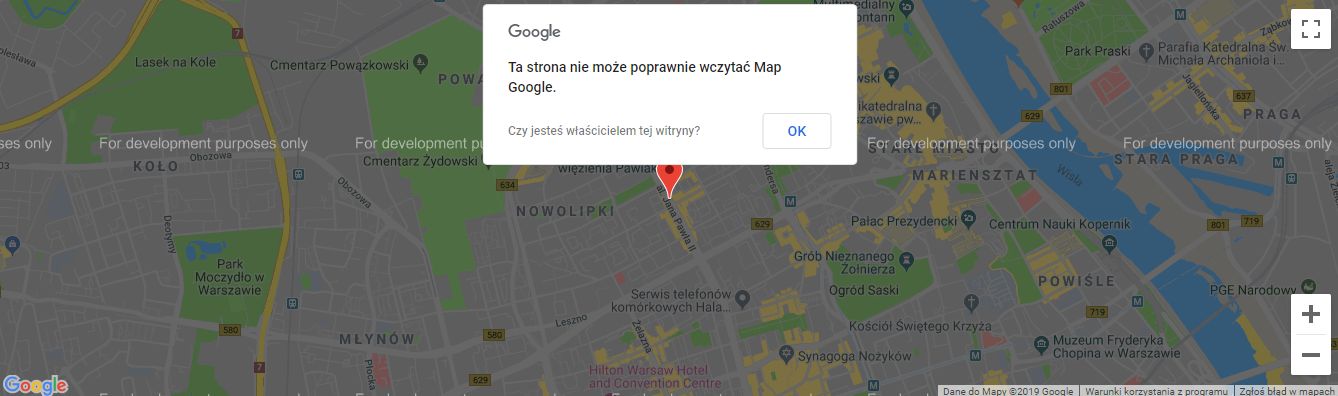 Ta strona nie może poprawnie wczytać Map Google - problem z API Google Maps